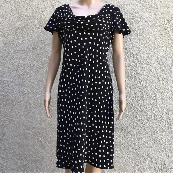 Black & white dot fit & flare dress w/ draped neck - Picture 3 of 7